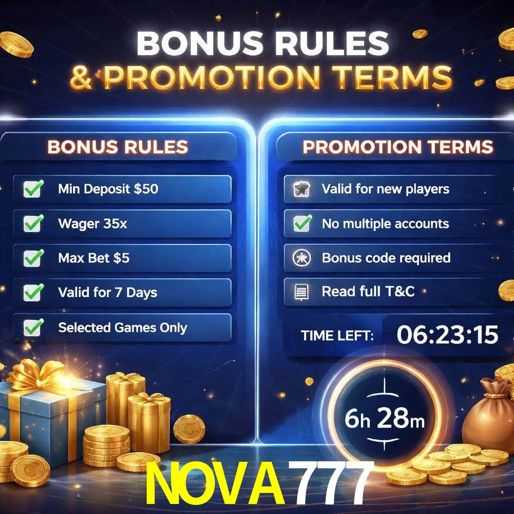 Reglas de promoción NOVA777 y condiciones de bonos explicadas visualmente