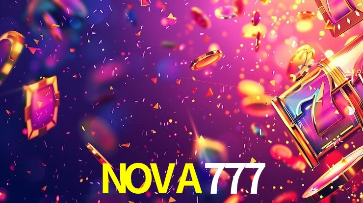 Escena dinámica inspirada en casino con iluminación NOVA777, cartas, fichas e íconos de juegos digitales en un espacio moderno de juegos.