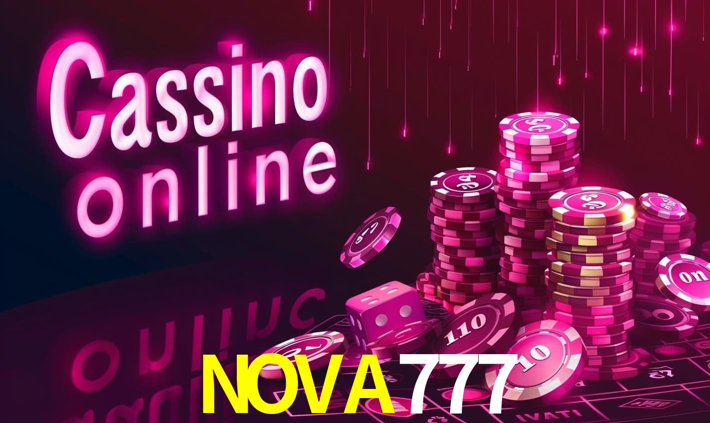 Una escena digital vívida inspirada en casino con NOVA777 mostrado prominentemente, luces brillantes, fichas, cartas y acentos dorados.